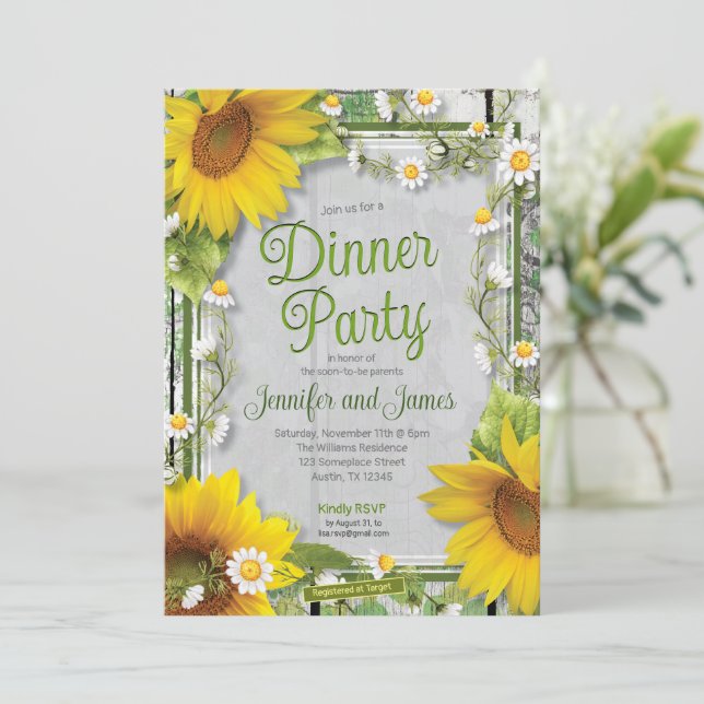 Country Sunflower Daisy Baby Shower Dinner Party Invitation (Standing Front)