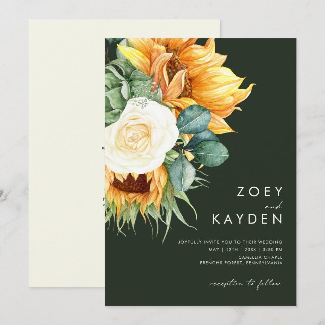 Country Sunflower | Dark Green All In One Wedding Invitation (Front/Back)