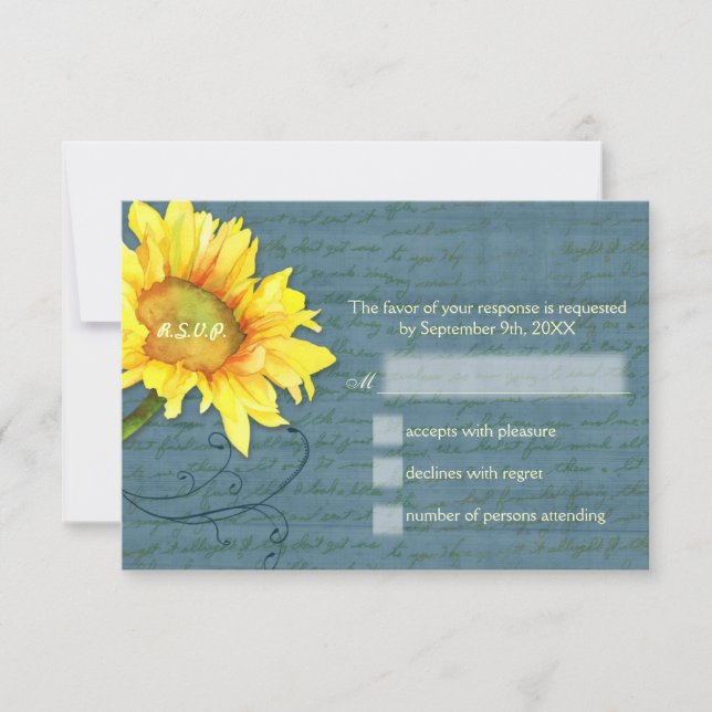 Country Sunflower Dusky Blue Wedding RSVP (Front)