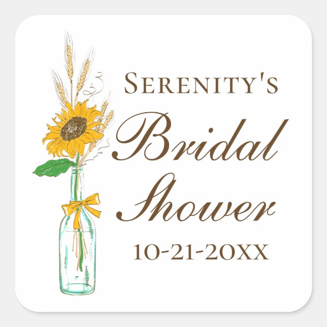 Country Sunflower Fall Rustic Floral Bridal Shower Square Sticker (Front)