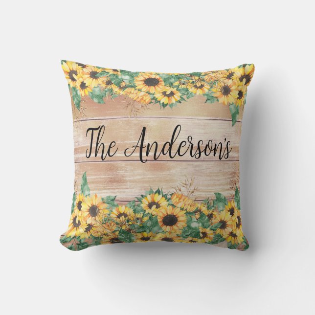 Country Sunflower Family Name   Throw Pillow (Front)