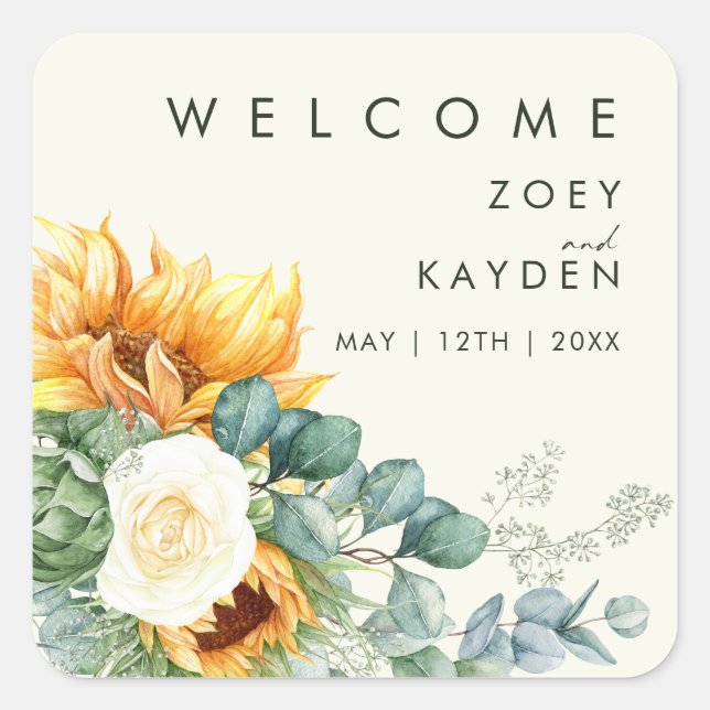 Country Sunflower | Light Yellow Wedding Welcome Square Sticker (Front)