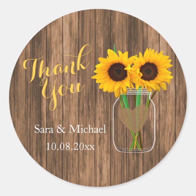 Country Sunflower Mason Jar - Thank You Classic Round Sticker (Front)