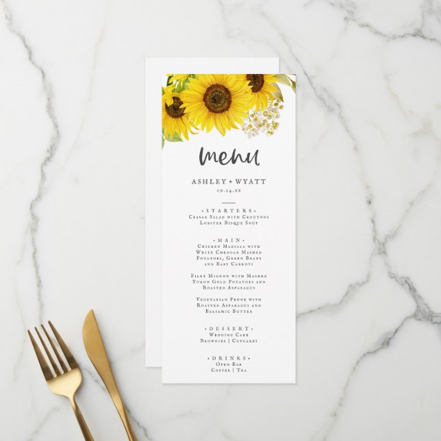 Country Sunflower Menu Mariage Dîner (Devant/Arrière en situation)