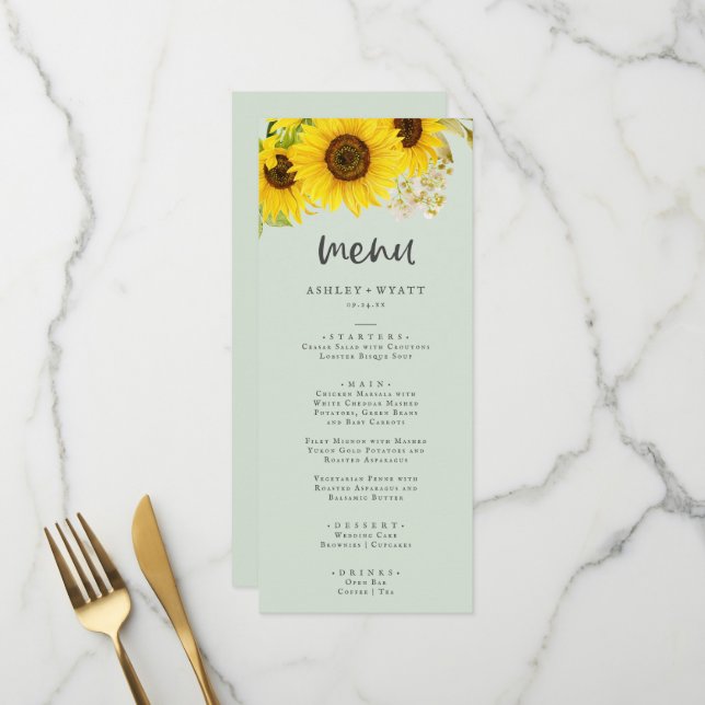 Country Sunflower | Mint Wedding Dinner Menu (Front/Back In Situ)