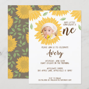 Country Sunflower Photo 1st Birthday Party Invitation