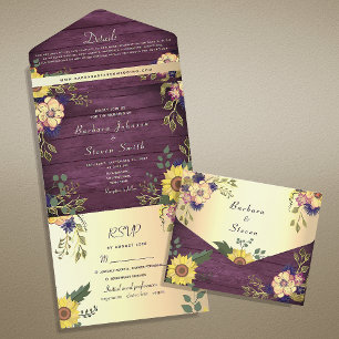 Country Sunflower Rustic Purple Wedding All In One Invitation