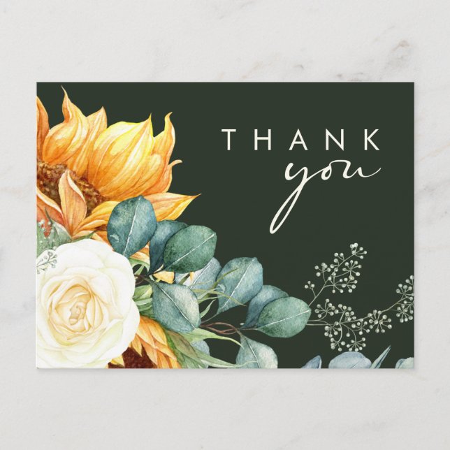 Country Sunflower Script | Green Wedding Thank You Postcard (Front)