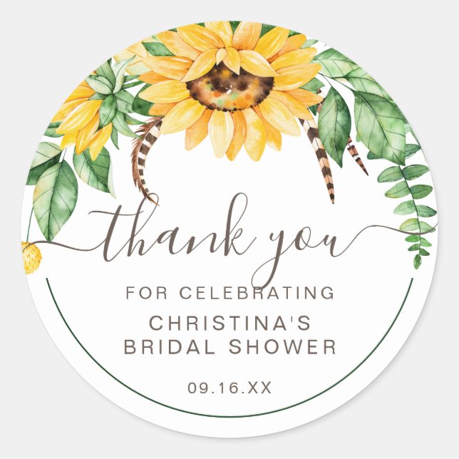 Country Sunflower Script Thank You Bridal Shower Classic Round Sticker (Front)