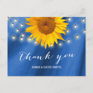 Country Sunflower & String Lights Blue Thank You Postcard