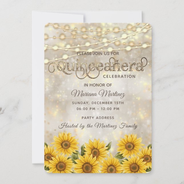 Country sunflower string lights Quinceañera Invitation (Front)