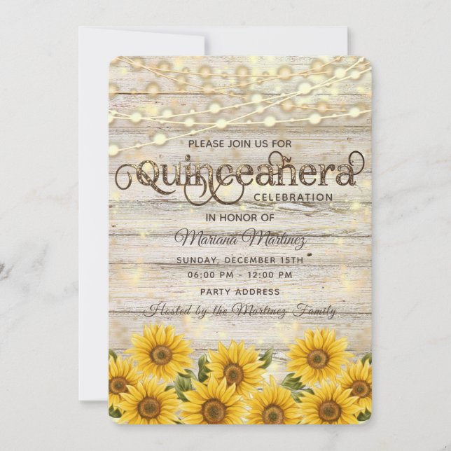 Country sunflower string lights Quinceañera Invitation (Front)