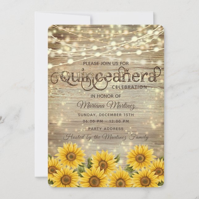 Country sunflower string lights Quinceañera Invitation (Front)