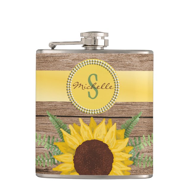 Country Sunflower Vintage Wood Monogram Hip Flask (Front)