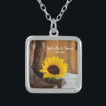 Country Sunflower Western Wedding Silver Plated Necklace<br><div class="desc">The charming Country Sunflower Western Wedding Pendant Necklace makes a unique personalized keepsake gift for the bride to be or her bridesmaids. This pretty custom rustic chic ranch theme wedding jewellery features a quaint floral photograph of brown leather cowboy boots, yellow sunflower blossom and barn wood on white satin inside...</div>
