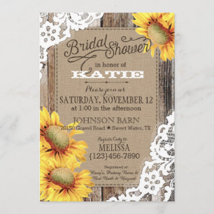 Country Sunflower Wood Lace Rustic Bridal Shower Invitation