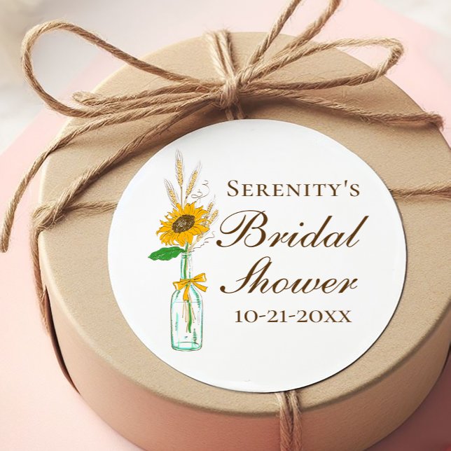 Country Sunflower Yellow Floral Bridal Shower Classic Round Sticker (Creator Uploaded)