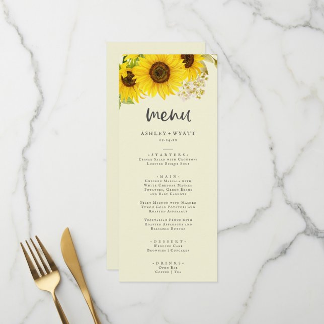 Country Sunflower | Yellow Wedding Dinner Menu (Front/Back In Situ)