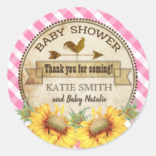 Country Sunflowers and Gingham Check Baby Shower Classic Round Sticker