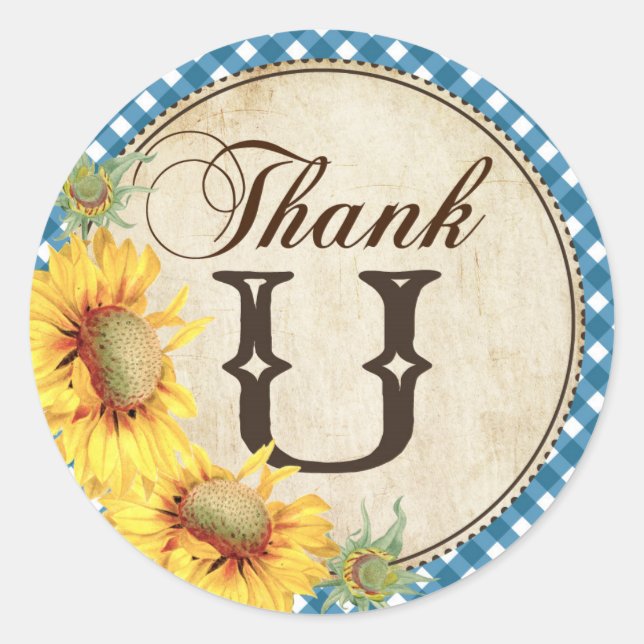 Country Sunflowers and Gingham Check Thank You Classic Round Sticker (Front)