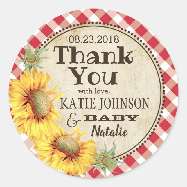 Country Sunflowers and Gingham Check Thank You Classic Round Sticker (Front)