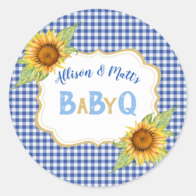 Country Sunflowers Blue Check BBQ BabyQ Classic Round Sticker (Front)