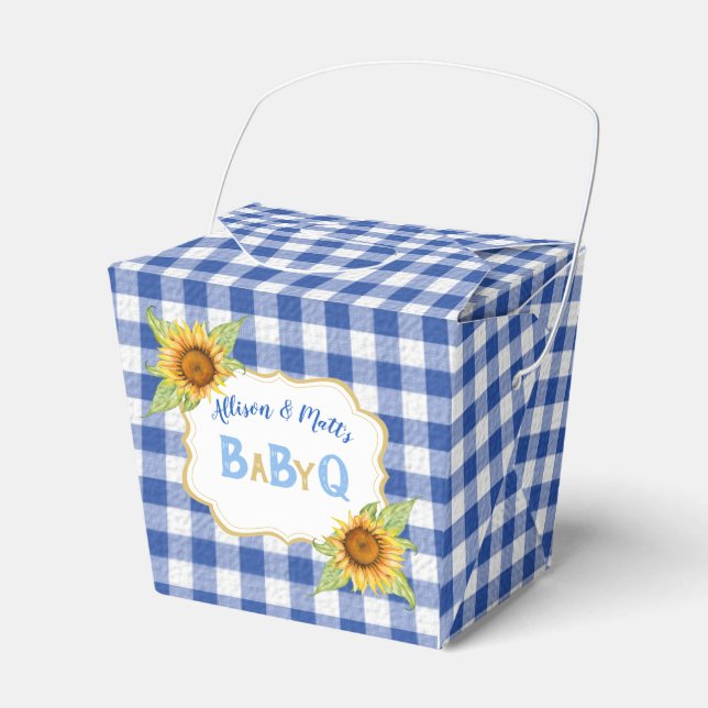 Country Sunflowers Blue Gingham Check BabyQ BBQ Favor Box (Front Side)