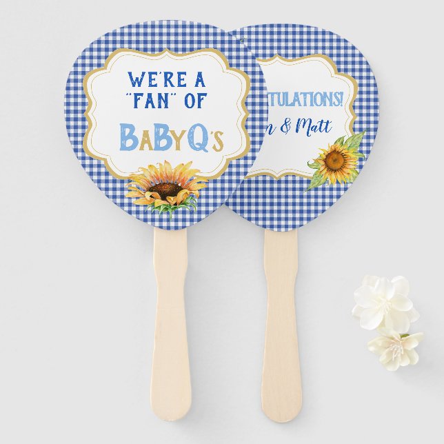 Country Sunflowers Blue Gingham Check BabyQ Hand Fan (Front and Back)