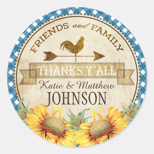 Country Sunflowers Blue Gingham Check Thank You Classic Round Sticker (Front)