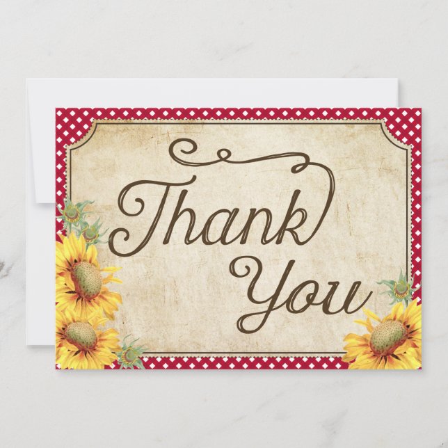 Country Sunflowers Gingham Check Rustic Thank You (Front)