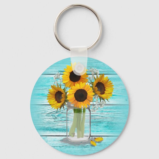 Country Sunflowers in Mason Jar Keychain (Front)