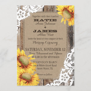 Country Sunflowers Lace and Wood Rustic Wedding Invitation