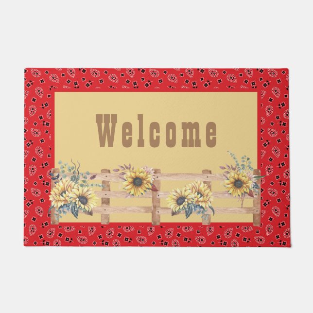 Country Sunflowers on Bandana Print Doormat (Front)