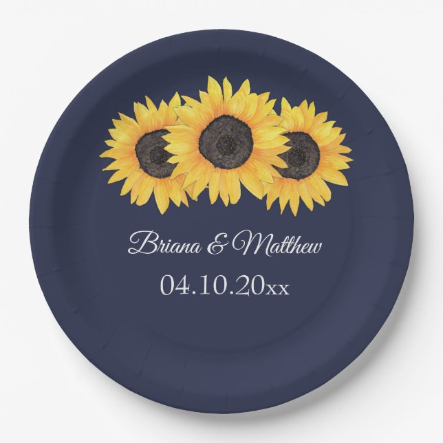 Country Sunflowers on Blue Paper Dinner Plate (Front)