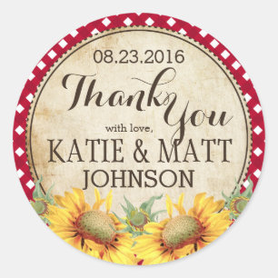 Country Sunflowers Red Gingham Check Thank You Classic Round Sticker