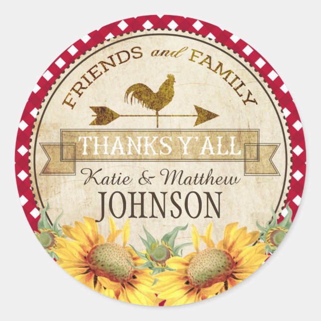 Country Sunflowers Red Gingham Check Thank You Classic Round Sticker (Front)