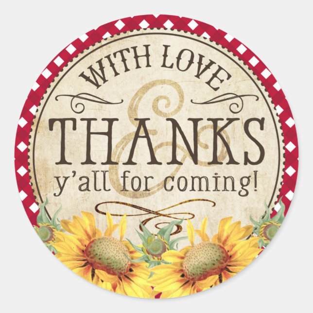 Country Sunflowers Red Gingham Check Thank You Classic Round Sticker (Front)