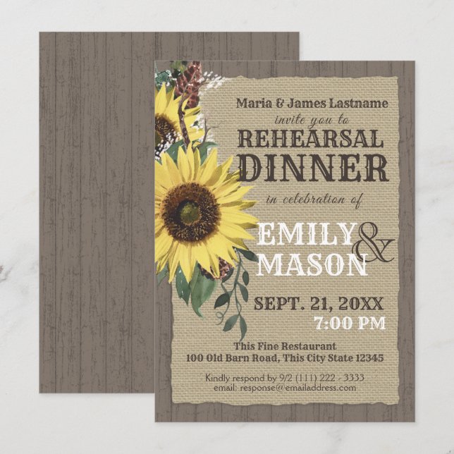 Country Sunflowers Rustic Rehearsal Dinner Invitation (Front/Back)
