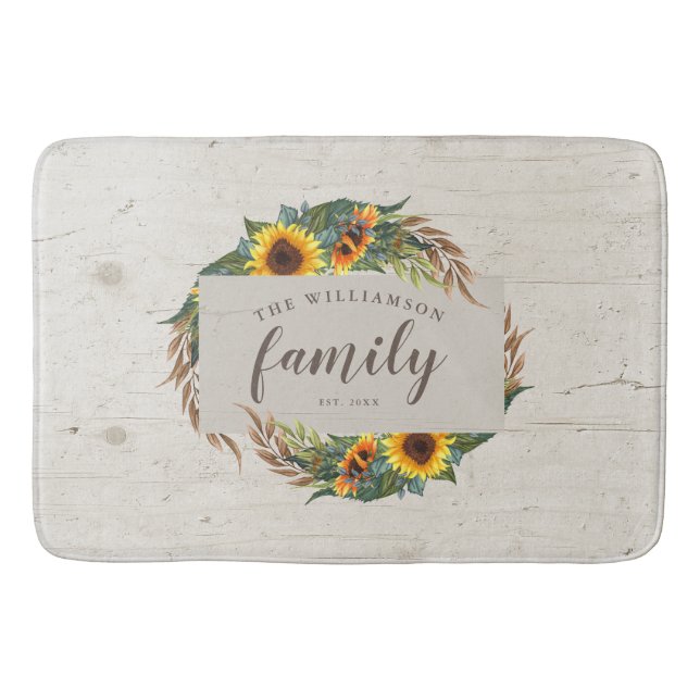 Country Sunflowers Rustic Wood Family Name Bath Mat (Front)