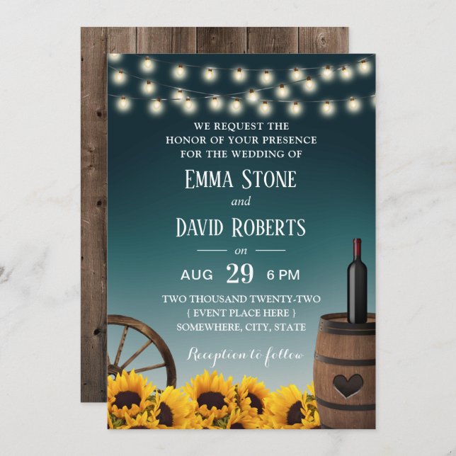 Country Sunflowers Teal Ombre Rustic Wedding Invitation (Front/Back)