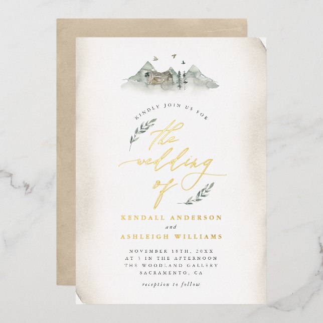 Country Tan Watercolor Leaves & Mountain Wedding (Front/Back)