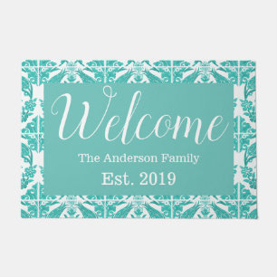 Country Teal Floral Tiles Personalized Doormat