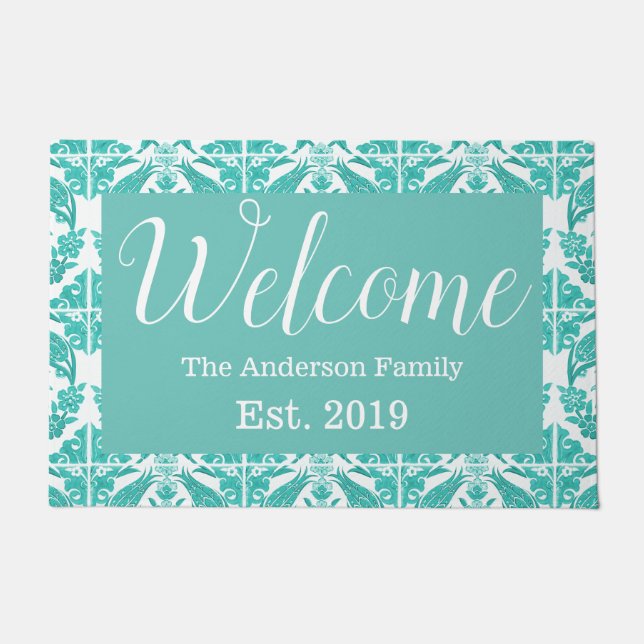 Country Teal Floral Tiles | Personalized Doormat (Front)
