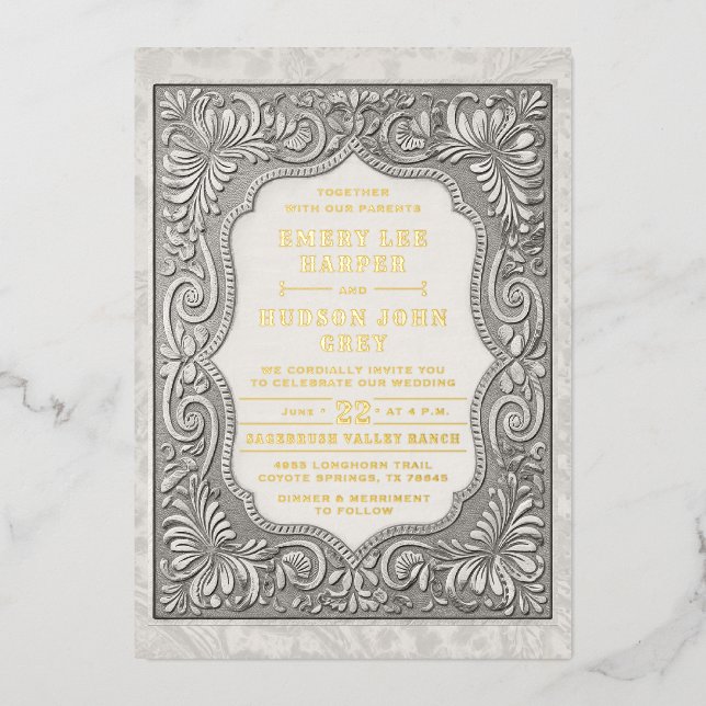 Country Tooled Leather Western Rugged Gold Wedding (Front)
