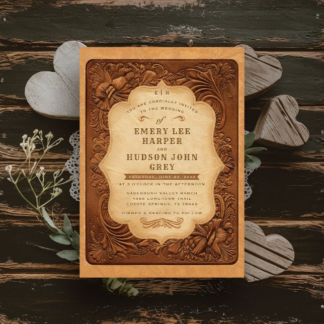 Country Tooled Leather Western Vintage Wedding Invitation (rustic country wedding invitation western cowboy tooled leather frame elegant barn ranch wild west)