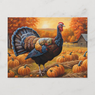 Country Turkey in the Pumpkin Patch Holiday Postcard