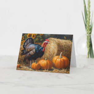 Country Turkey with Pumpkins and Hay Thanksgiving  Holiday Card