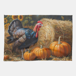 Country Turkey with Pumpkins and Hay Thanksgiving  Kitchen Towel