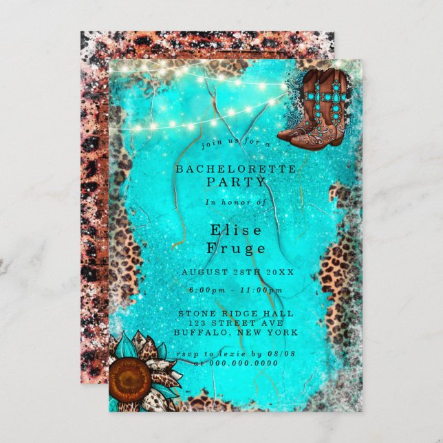 Country Turquoise Cowboy Boots Bachelorette Party Invitation (Front/Back)