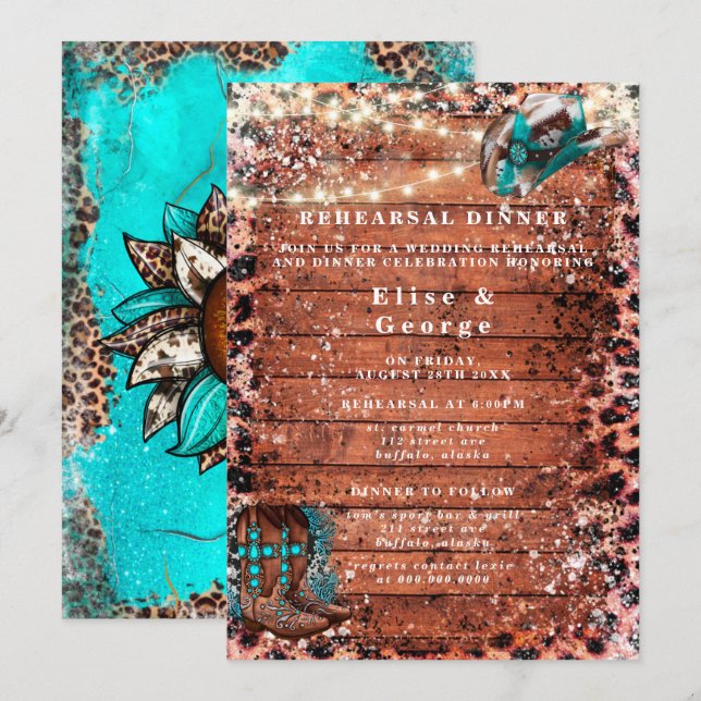 Country Turquoise Cowboy Boots Rehearsal Dinner Invitation (Front/Back)